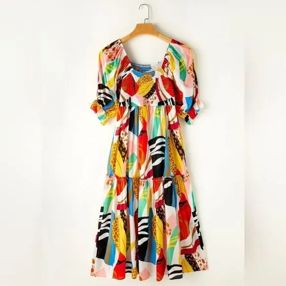 Colorful Printed 100% cottonMidi Farm Dress sz M